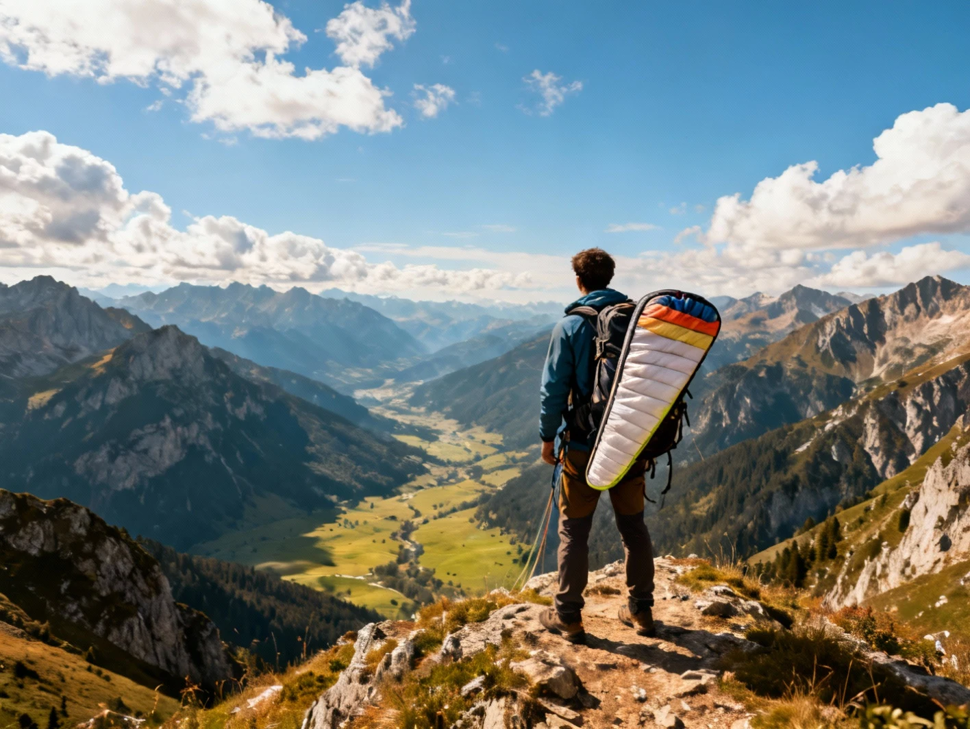 Randonneur au sommet d'une montagne avec un parapente