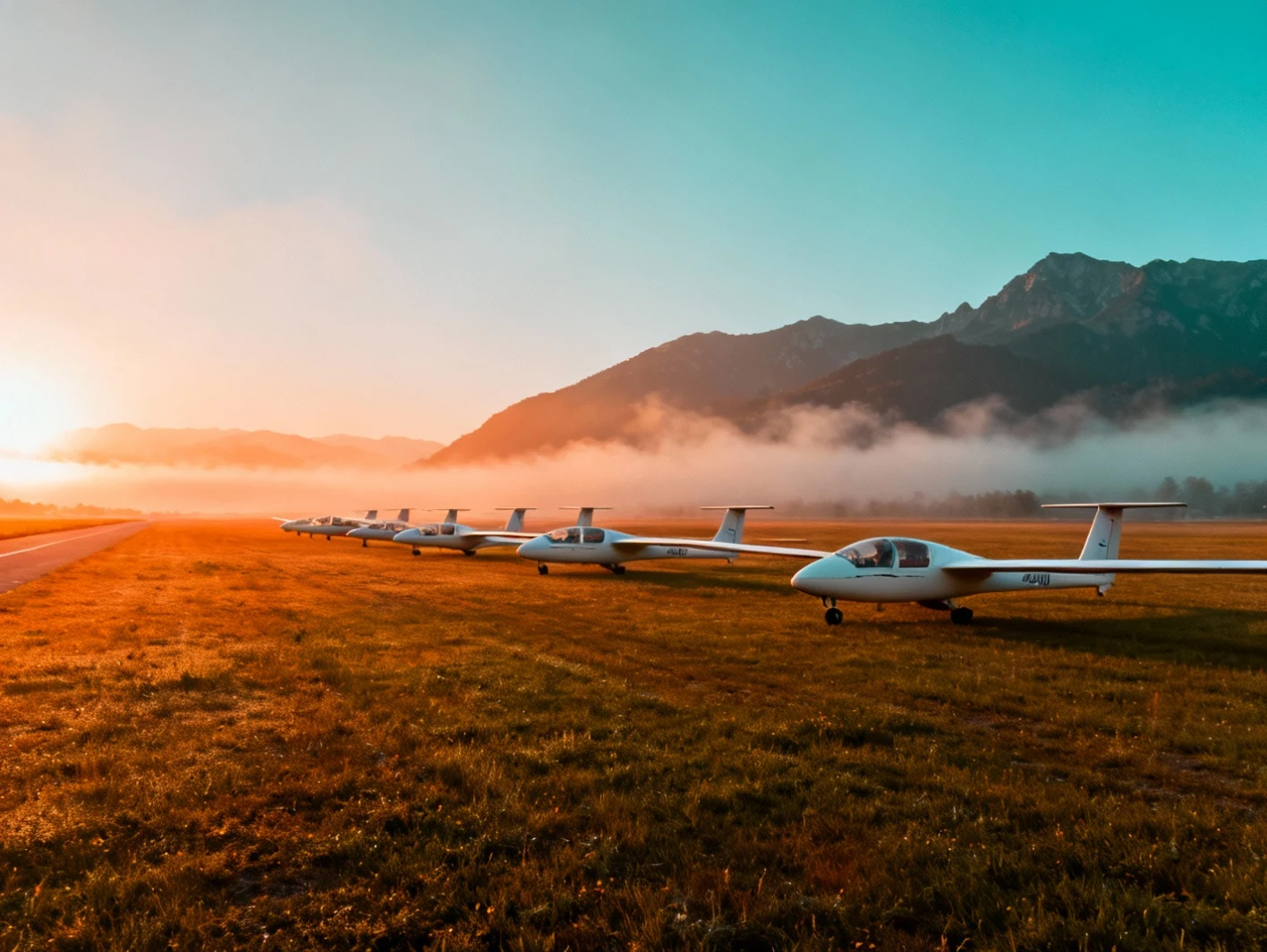 Planeurs alignes sur un aerodrome au lever du soleil